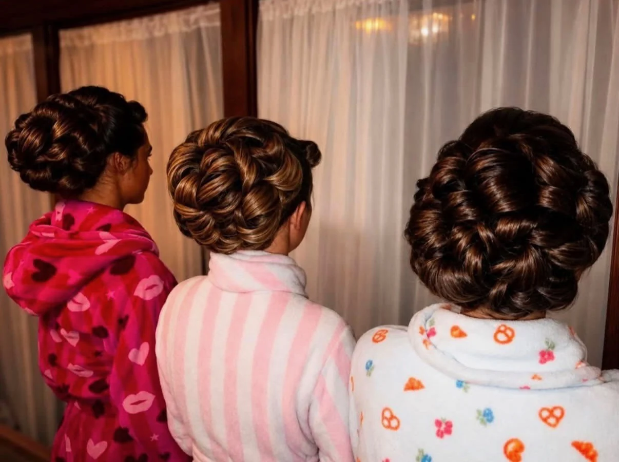 Three members of a bridal party, ready for the day with curled and pinned hairstyles by Amber